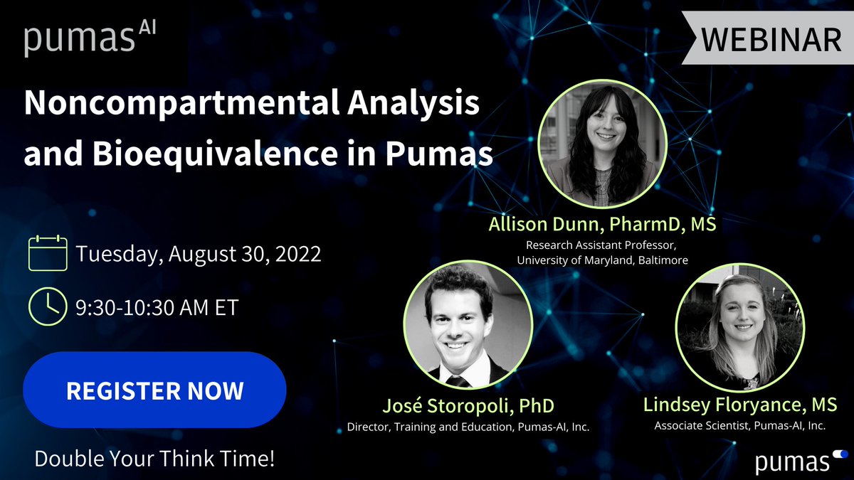 pumas_ai's tweet photo. Webinar: Noncompartmental Analysis and Bioequivalence in Pumas
Tuesday August 30th, 2022 9:30 AM EST
Register at: https://t.co/GlsF85wr6G
#Pumas #pumasai #pharmacometrics #NCA #BE https://t.co/wEYFQ5UsyD