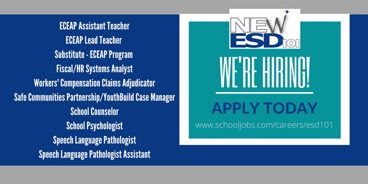 Looking for a fulfilling career supporting PK-12 schools and learning communities in northeast Washington? NEWESD 101 is currently hiring multiple positions. Apply at schooljobs.com/careers/esd101.
#newesd101 #wajobs #spokanejobs