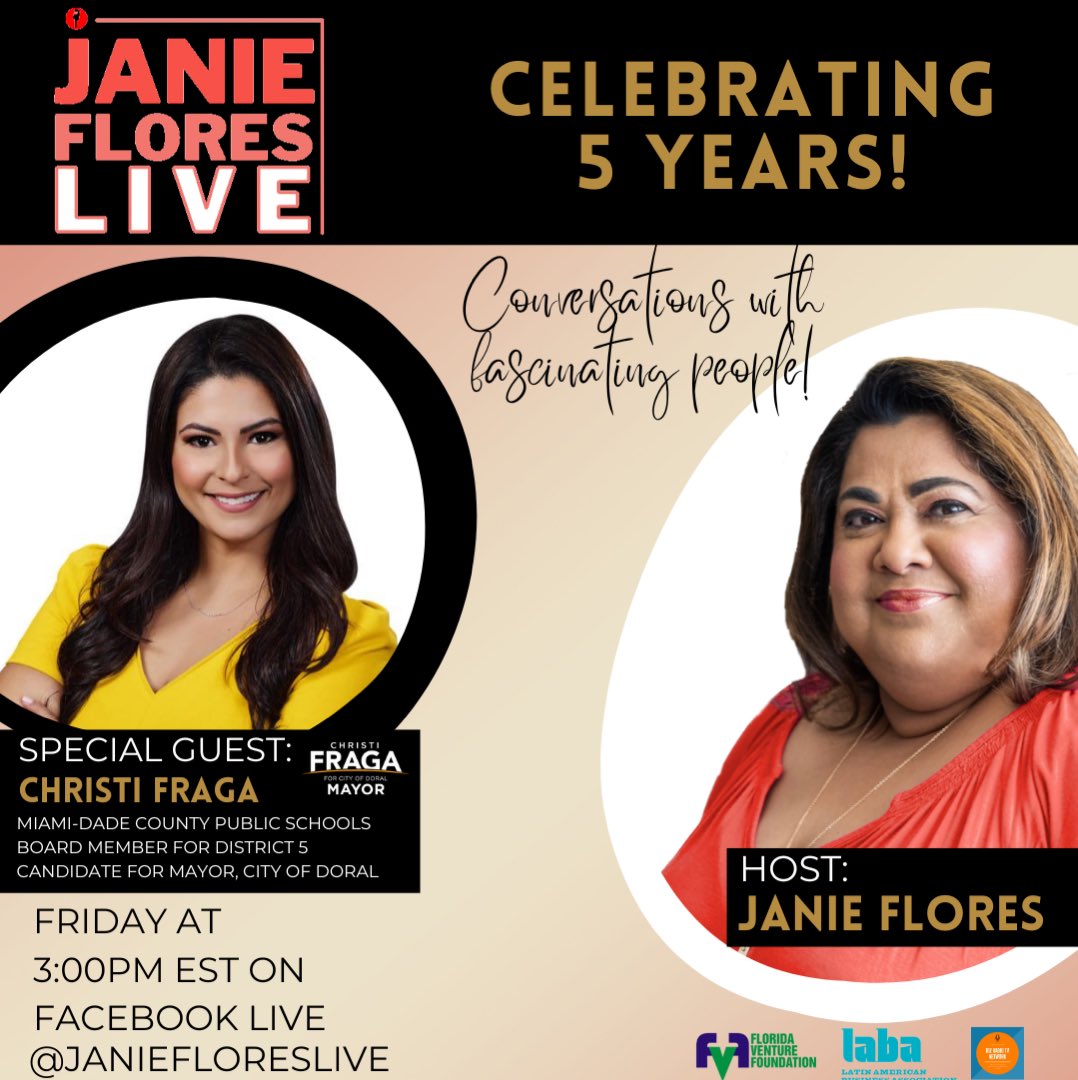 🎤 <a href="/JanieFloresLive/">Janie Flores L I V E</a> has a fascinating conversation with Miami Dade County School Board Member &amp; official Doral Mayoral Candidate <a href="/ChristiFraga/">Christi Fraga</a> 🗳

🔗Listen to the interview on Facebook or YouTube: youtu.be/-OPqwb3bYOQ

#DoralMayoralCandidate #CityOfDoral #JanieFloresLive