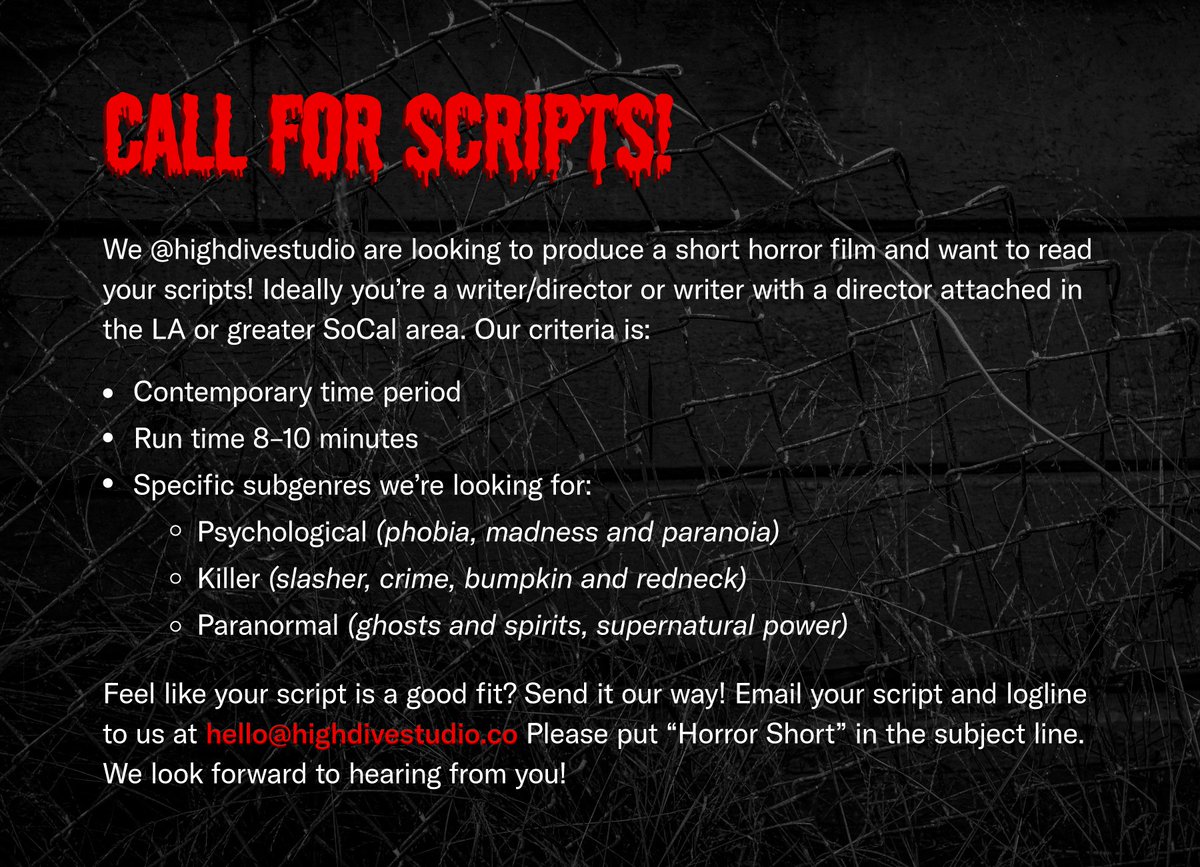 TheDarrylJones's tweet image. 💀 hello film fam! we want your scripts! 👻
We are looking to produce a HORROR SHORT. Check out our call below. If you have something that fits, send along! 🪦
#horrorshort #callforscripts #horrorscript #horrorshortfilm