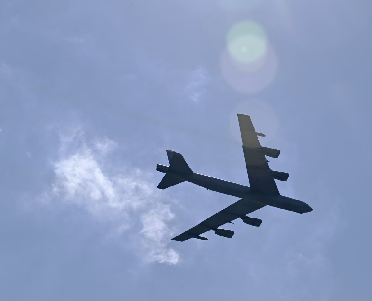AFmuseum's tweet photo. Special thanks to Minot Air Force Base for the fantastic two-ship B-52 flyover at the National Museum of the U.S. Air Force today!!! Feel free to share your photos of B-52 aircraft. #AF75 #PoweredbyAirmen #AFHeritage #B52 https://t.co/FpsIgJMz2w