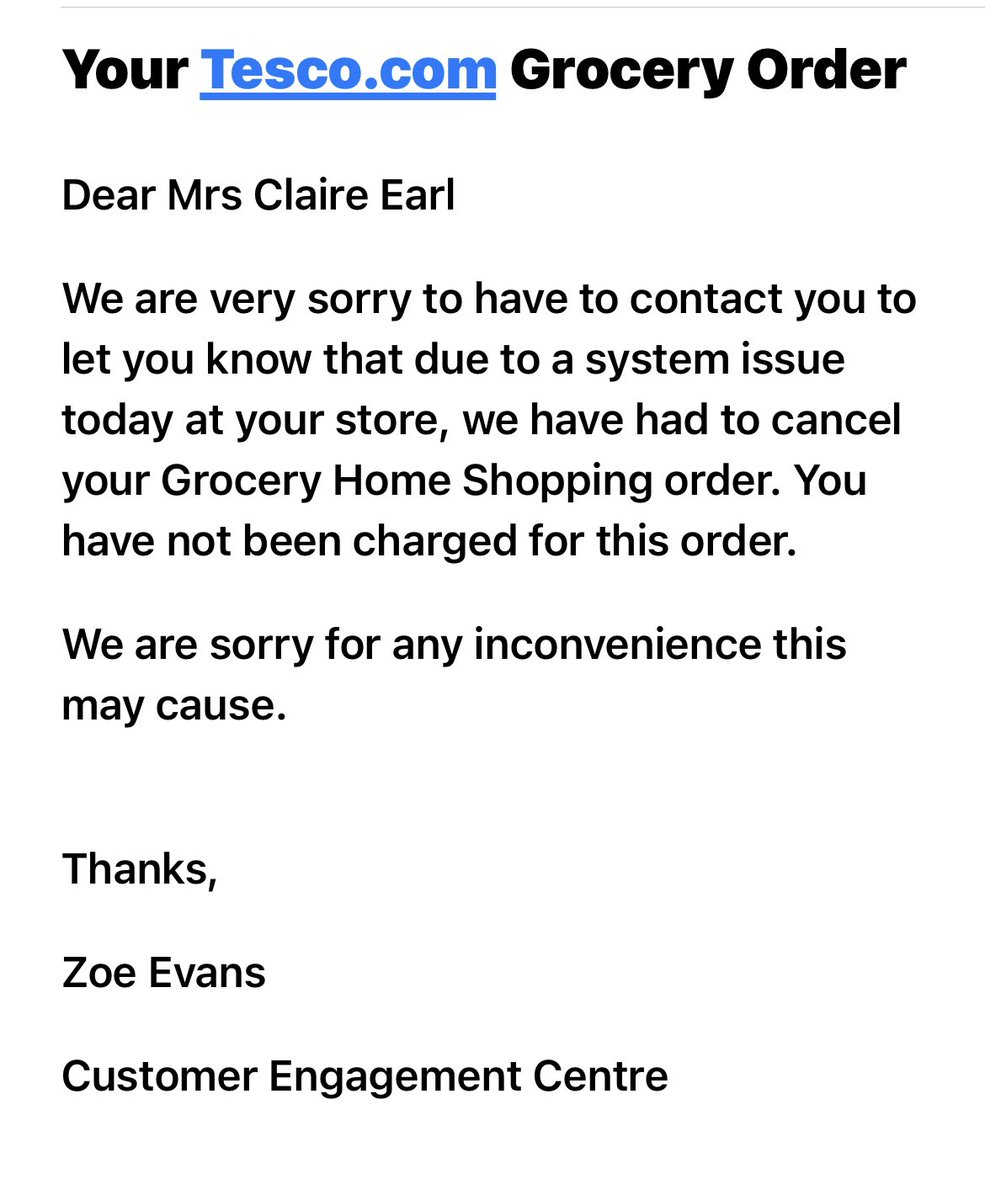 Really <a href="/Tesco/">Tesco</a> … we really needed this delivery tonight. And to just get an email within the hour it is due meaning I don’t have time to go shopping tonight. Terrible service