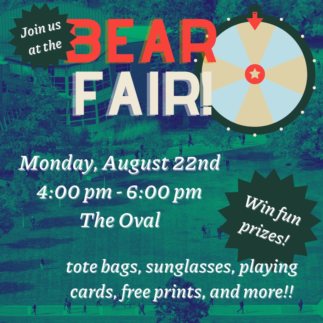 umt_library's tweet image. Come on down to the Bear Fair and meet our amazing library employees, learn more about all the cool services we have to offer, plus spin the prize wheel to win some awesome swag! We'll be on the Oval by the Payne Native American Studies Building from 4:00 to 6:00 p.m.