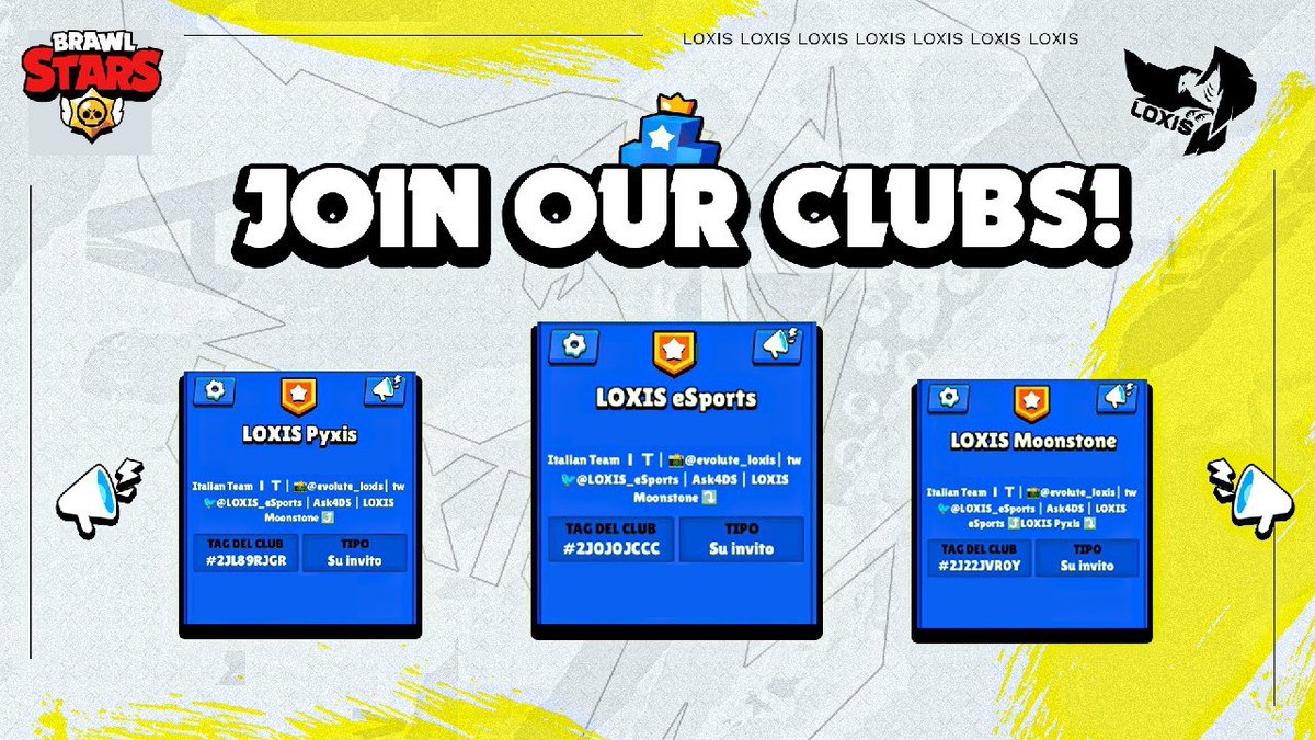 These are our clubs! If you are interested to join you can find the requirements below.

- LOXIS eSports 45k+ 🏆
- LOXIS Moonstone 32k+ 🏆
- LOXIS Pyxis 25k+ 🏆

#GoLOXIS🦅 #BrawlStars #BrawlStarsClub