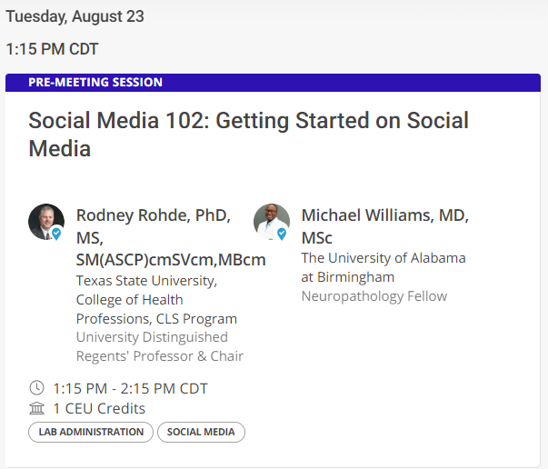 bluehatcomics85's tweet photo. Come join @RodneyRohde and myself for the 100th annual  @ASCP_Chicago  pre-meeting virtual discussion on the getting started on social media! #ASCP2022 #ASCP100 #ASCPSoMeTeam #pathtwitter https://t.co/oz9XHsRRKL