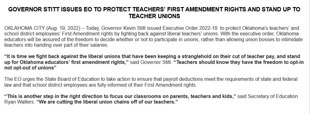 wsuares's tweet photo. ‼️JUST IN- The governor just released this emergency order "to protect Oklahoma’s teachers’ and school district employees’ First Amendment rights by fighting back against liberal teachers’ unions."
FACT CHECK- ❌Teachers already must opt IN to unions. @OKCFOX https://t.co/DYI3KFowdm