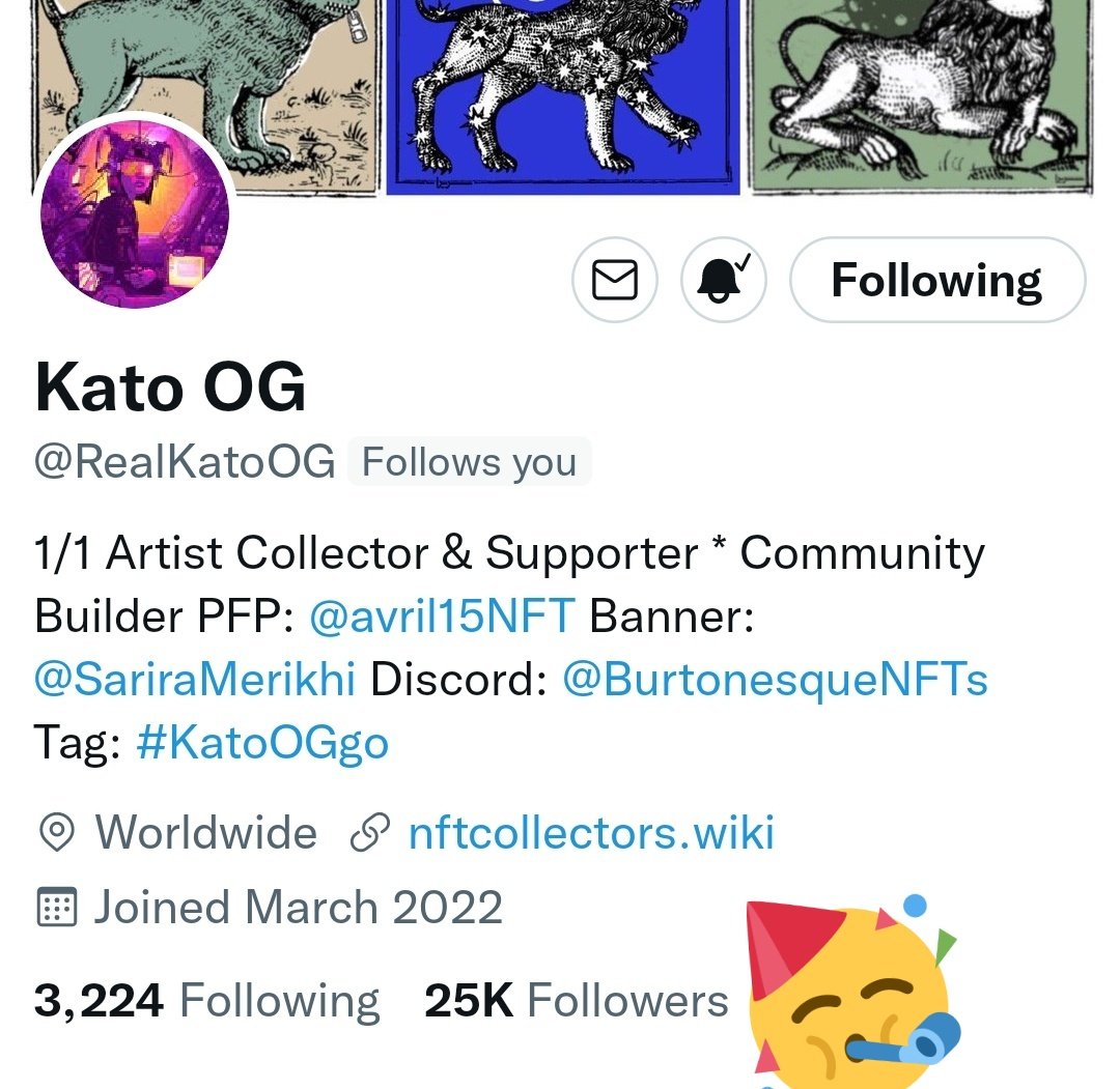 Congratulations on 25K fam <a href="/RealKatoOG/">Kato</a> 💫🔥!!! You deserve it❤❤. Everyone go and follow Kato!! He's the coolest and most supportive collector out here🔥💯don't forget to join the <a href="/BurtonesqueNFTs/">𝐁𝐮𝐫𝐭𝐨𝐧𝐞𝐬𝐪𝐮𝐞 ✧|✧ 𝐁𝐲 𝐎𝐠𝐠𝐨 👹</a> discord! You won't regret 😄🚀