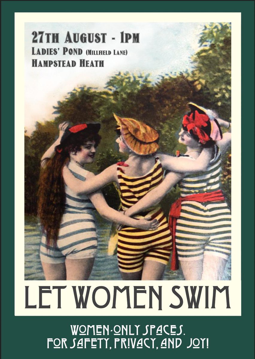 #LetWomenSwim action 1pm next Saturday 27th August 2022. 🦆Women meet outside the gates of the Kenwood Ladies Pond on Hampstead Heath. 🦆Speeches from 3pm at the nearby Stone of Free Speech. Vintage swimwear and accessories are optional! More details to follow soon…