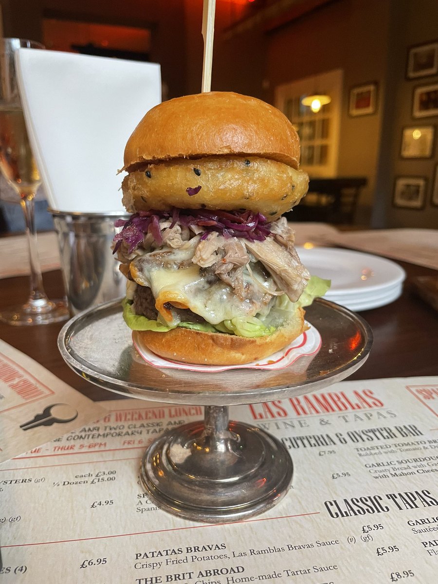🇪🇸 NEW SPECIALS 🇪🇸

In addition to our extensive #tapas &amp; #paella menu..

ALL THE WAY #BURGER  
burger pattie, pulled pork, mahon cheese, shredded slaw, dill pickle, mushrooms &amp; tempura onion ring

RESERVATIONS
LasRamblasWineandTapas.co.uk
info@lasramblaswineandtapas.co.uk