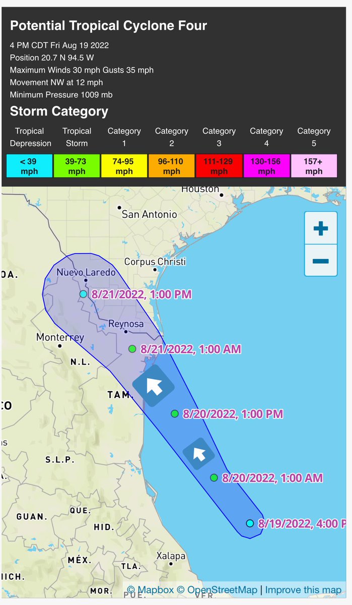 🔴🌀ADVERTENCIA: perturbación #99L ahora es considerada Potencial de Ciclón Tropical Cuatro, (previo a evolucionar a ciclón).

📍Ubicación: 640 km al SSE de la desembocadura del Río Bravo
↖️Movimiento: noroeste a 22 km/h
🌬Viento: 55 km/h

⚠️PENDIENTES TAMAULIPAS Y NUEVO LEÓN⚠️