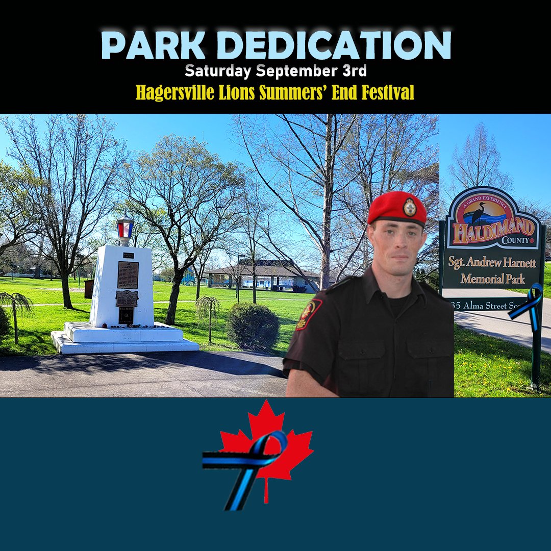 Harnettshow's tweet photo. The Hagersville Lions Club present the Annual Summers’ End Festival, Labour Day weekend, Sat. Sept. 3. This will also be an important occasion for our family as the Park is set to be officially dedicated in the memory of Andrew. If you are in the area, we’d love to see you out! https://t.co/HigSCUFbGD