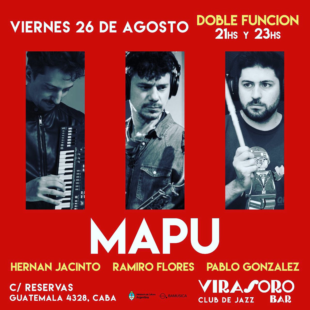 El viernes que viene Mapu Trío en <a href="/VirasoroBar/">Virasoro Bar - Club de Jazz</a>. Siempre es increíble tocar con mis hermanos de la música <a href="/hernanjacinto/">Hernán Jacinto</a> y <a href="/PabloG_onzalez/">Pablo Gonzalez</a>