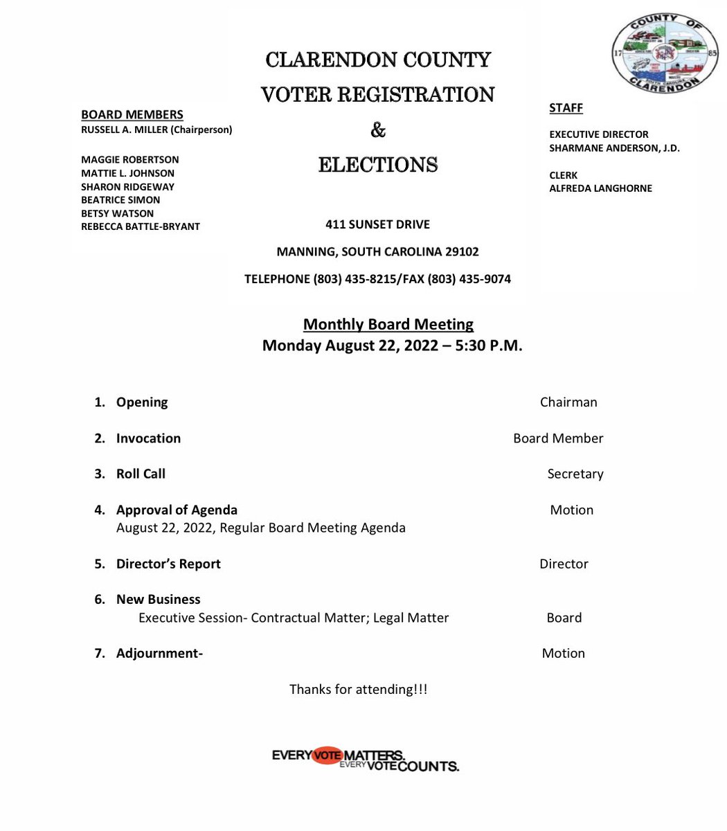 🗳 Clarendon County Voter Registration &amp; Election Board will meet on Monday, August 22, 2022. 

📍Clarendon County Administration Building, Council Chambers |  411 Sunset Drive Manning, SC 29102

Any Questions? 
📞 803.435.8215