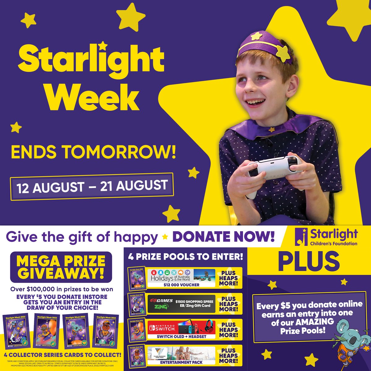 ZingPopCulture's tweet photo. ⭐💜 #StarlightWeek ends TOMORROW! 💜⭐

There's still time to help us brighten the lives of seriously ill children across Australia and give the gift of happy, both instore and online! https://t.co/QcuL5GsTDi

T&amp;C’s: https://t.co/aAL2BdacQi https://t.co/vm0uADI0iJ