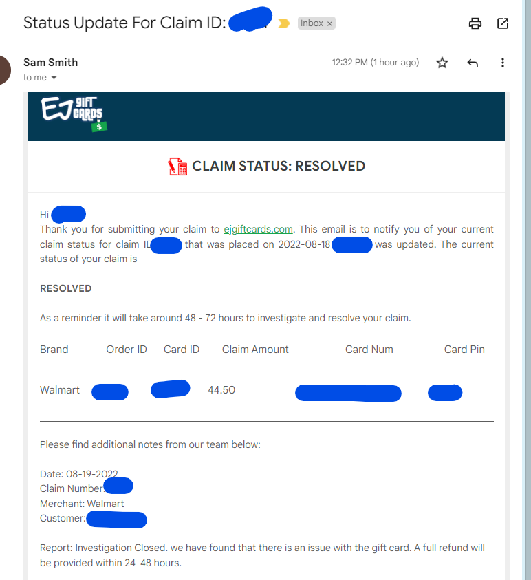 CardBearHelp's tweet photo. Recently bought a Walmart gift card that was rejected by Walmart due to "noticed returns violations."  Walmart has banned gift cards!  Notified @ejgiftcards and was given a refund.  Wish it worked, but great customer service. 😀 https://t.co/FWjhO9ai5y