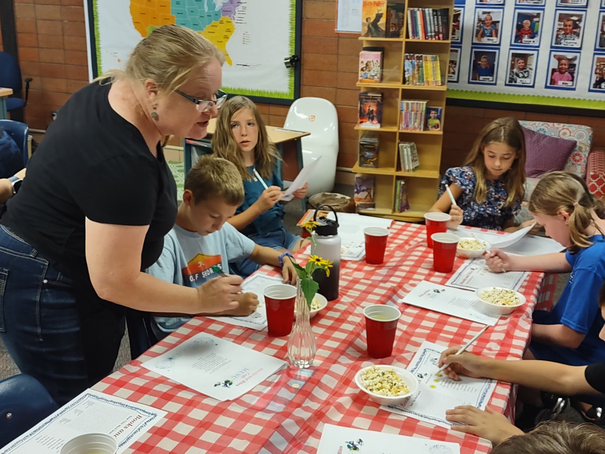 USD408Supt's tweet photo. What a great idea at MES! The 4th Grade Reading Cafe was open for business with students having the ability to "buy" a book off the menu while snacking as they read. Thank you teachers of an awesome afternoon! #leadlap #kansascan #picaday https://t.co/ChyGHLs3Q3