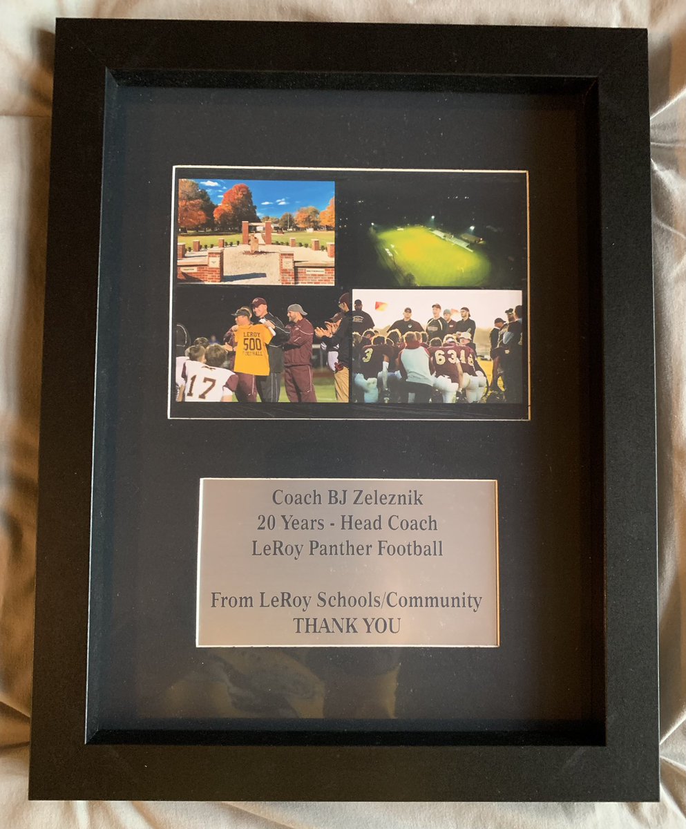 LeRoyCUSD2's tweet photo. Thank you to Head Football Coach BJ Zeleznik for 20 years of serving the student-athletes of LeRoy High School! Coach Zeleznik was recognized at the annual Panther Football Legends game Thursday night. @LeRoyAthletics https://t.co/6Keu25A1Qn