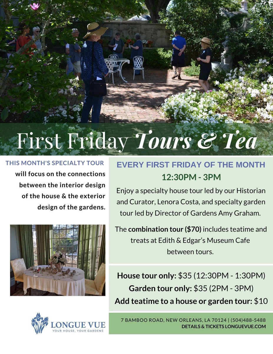 Check out our monthly First Friday Tours &amp; Tea series for an opportunity to experience Longue Vue through the eyes of our historical and horticultural experts!

Our next specialty tour takes place Friday, September 2.

Visit our website for details.

bit.ly/3QEgvjg