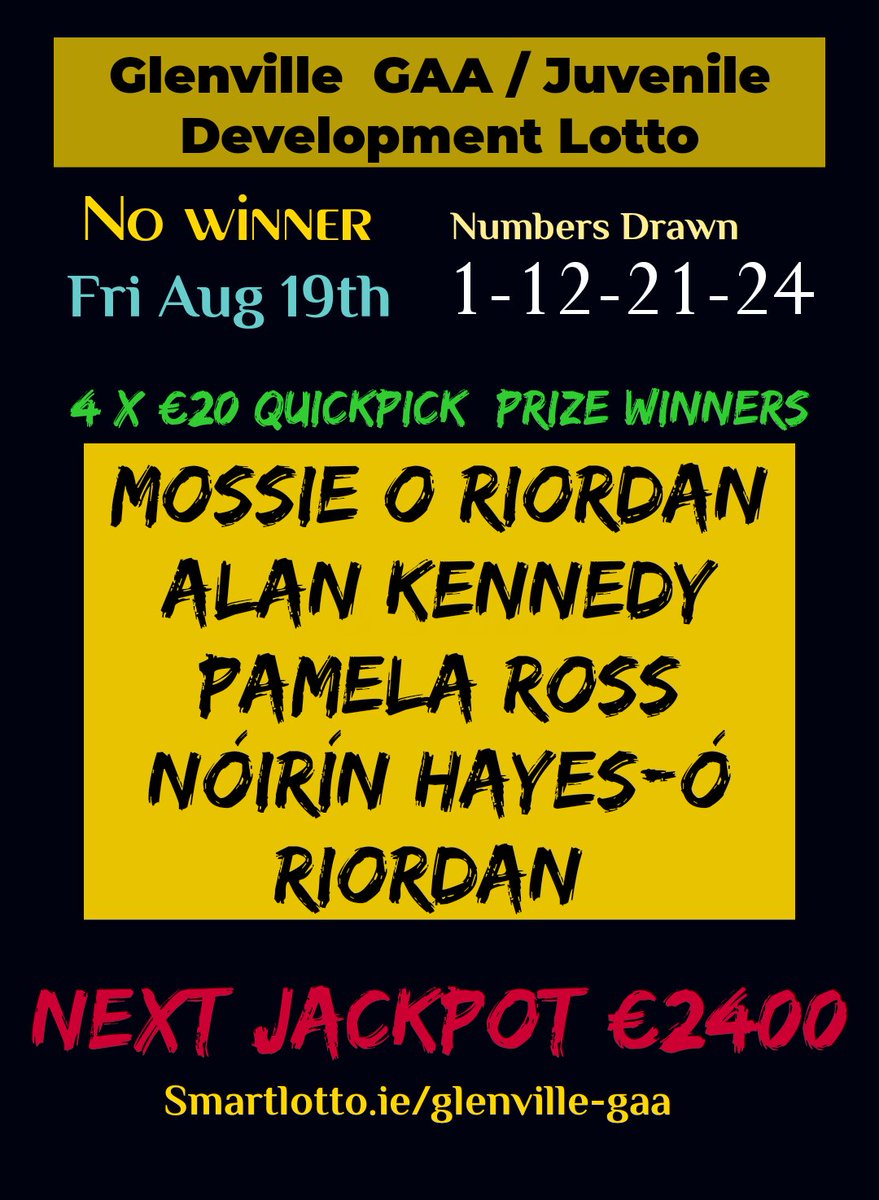 CLUB LOTTO

No winner of tonights lotto draw. The full report can be seen on the poster below. Thanks to all who subscribed to this week's draw.
<a href="/GlenvilleGAA/">Glenville GAA Club</a> <a href="/WGHLadiesGaa/">WGH LadiesGAA</a>