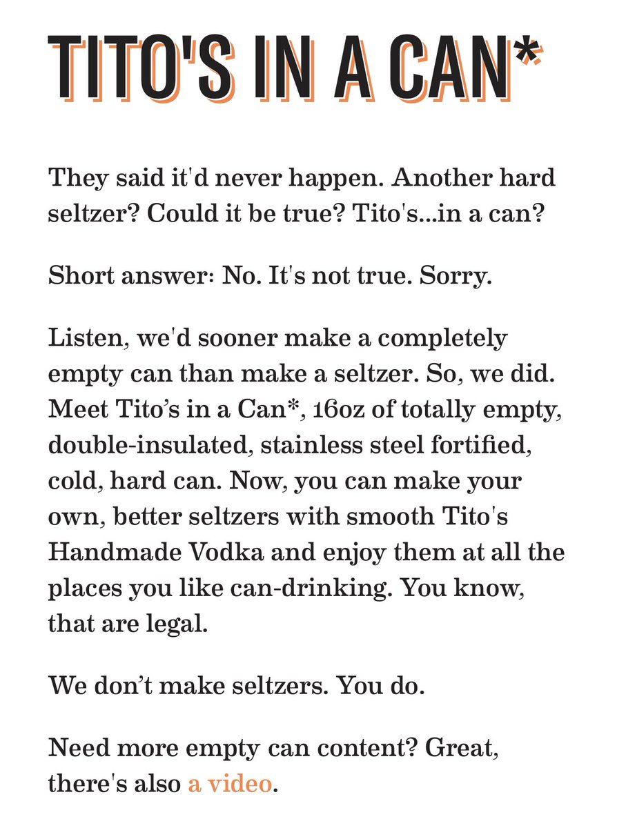 darrenrovell's tweet photo. Tito’s Vodka trolls hard seltzers, tells fans if they want Tito’s in a can, they can make it themselves! 

Selling 16 oz resealable, reusable insulated can with recipes for $20 on its website. https://t.co/5B4ShvTaP2