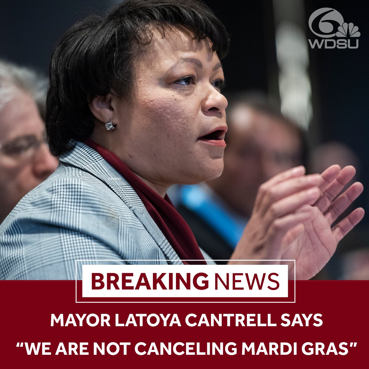 wdsu's tweet photo. "We ARE NOT canceling Mardi Gras," said Mayor LaToya Cantrell despite her comments earlier that Mardi Gras might be canceled due to low numbers of police officers. https://t.co/yKQo2VJLOI