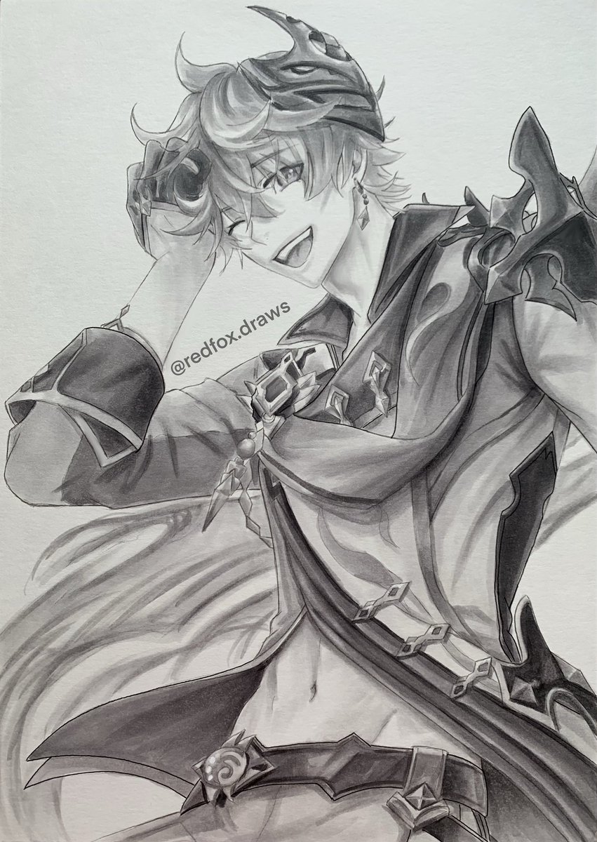 RedFox18959228's tweet photo. Childe / Tartaglia Genshin Impact 
hope you like him in black and white 😊 
-reference used by Genshin Impact 
#GenshinImapct #Genshin #tartaglia #childe #drawing #AnimeArt #fanart #art #copic https://t.co/oL0LFnxkJd