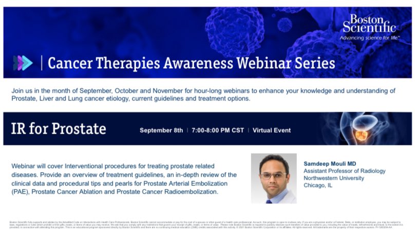 Check out our webinar September 8th to get an in-depth view of clinical data and procedural tips for PAE, Prostate Cancer Ablation &amp; Radioembolization with <a href="/SamMouli/">Sam Mouli</a> #irad Register here: bit.ly/3c7mnmg