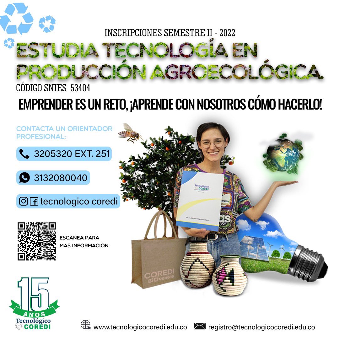 TecnoCoredi's tweet photo. #Inscripciones 📚🌱 ¿Te gustaría aprender sobre sostenibilidad y emprender con productos orgánicos? ¡QUÉ ESPERAS! estudia con nosotros Tecnología en Producción Agroecológica. 📲 3132080040. https://t.co/FRI1xHJMmX