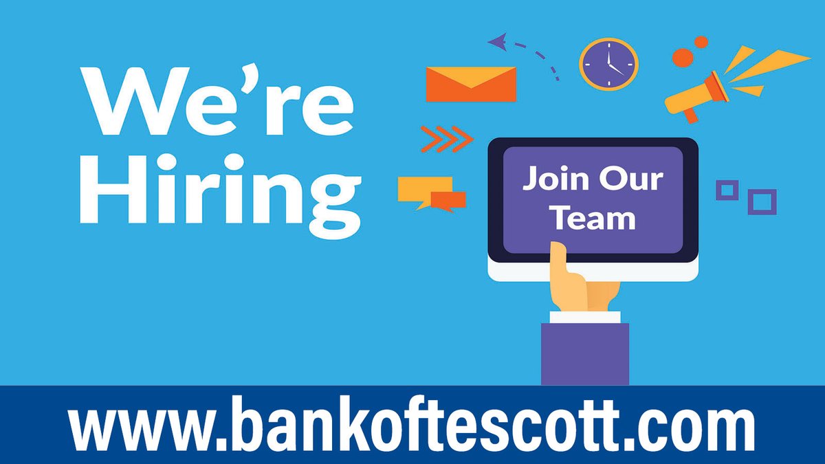 WE ARE HIRING!
Please email your resume to hr@bankoftescott.com or fill out the application on our website:
bankoftescott.com/about-us/caree…

EOE/AA: Minorities/Females/Disabled/Vets

The Bank of Tescott | Member FDIC
Committed To Those We Serve