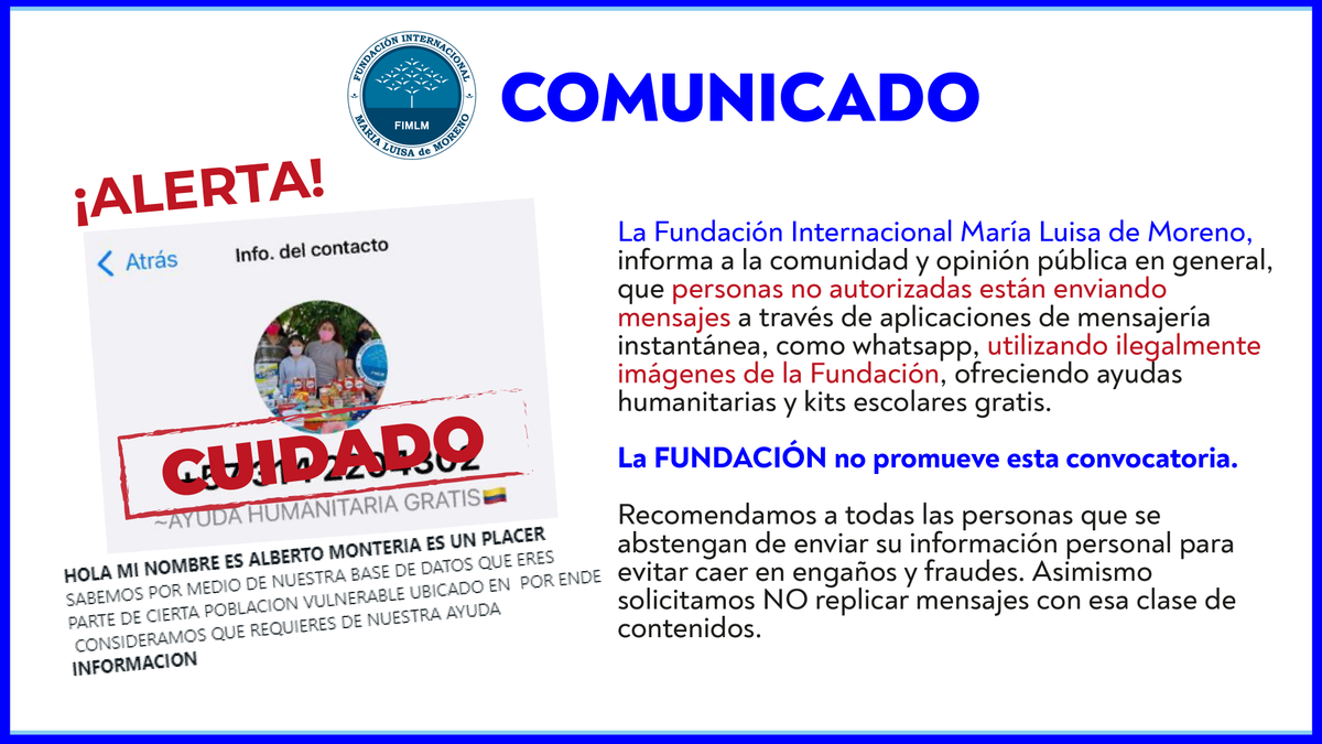 FIMLM's tweet photo. 🚩¡Cuidado! No se deje engañar, informamos que están utilizando ilegalmente imágenes de la @FIMLM ofreciendo ayuda humanitaria y kits escolares a través de WhatsApp. https://t.co/Ml6bJUCfu1