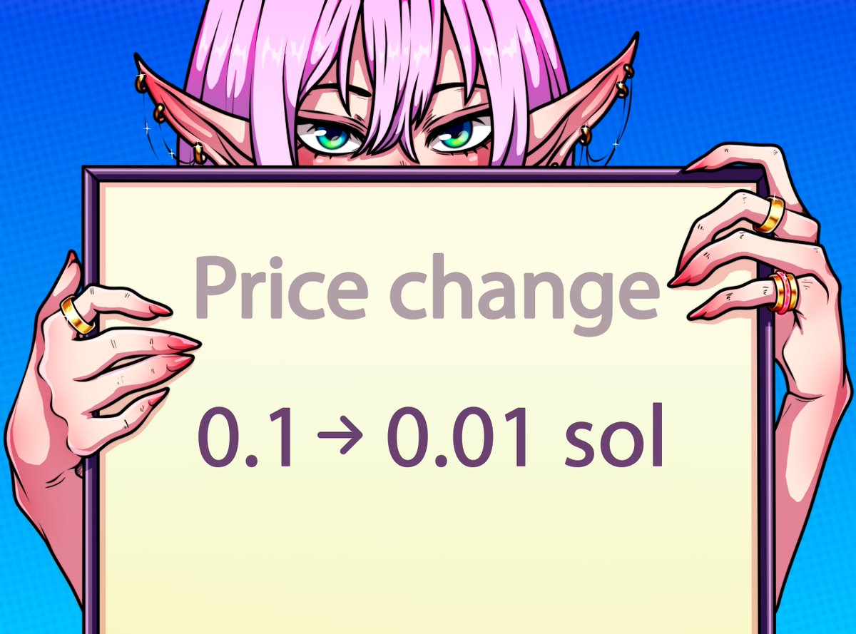 We decided to change the price from 0.1 sol to 0.01 sol. Yes not for free, but almost, to reward our artist who invested a lot of effort, time and nerves to work on the collection. (All the money will go to the artist). Thank you for your understanding.

#NFTdrop #nftmint #Solana