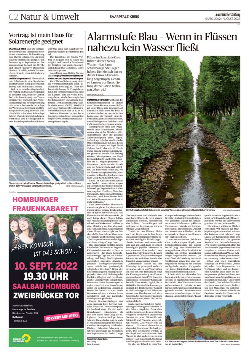 #Wassermangel in Flüssen - Der #Klimawandel hat uns längst eingeholt.
Saarbrücker Zeitung / Homburger Rundschau vom 20./21.08.2022
rp-sz-epaper.s4p-iapps.com/artikel/989645…