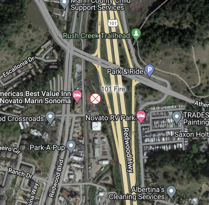 Sarah_Stierch's tweet photo. #MarinCounty - there is a fire along Rush Creek (west side of 101) and along 101's east side and crews are on scene. The SMART train is going to be stopped both directions for a while. #101Fire https://t.co/NqC0xCRuN0
