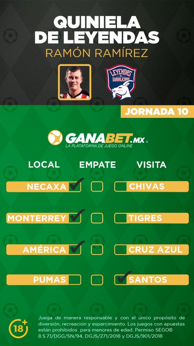 Empieza la #Jornada10 y yo ya tengo mis Picks. ¿Quién me sigue? ¡Juega #ComoLasLeyendas en @Ganabetmex! ⚽️

Regístrate y obtén un bono de $600 MXN 👉 bit.ly/Leyendas-GDL