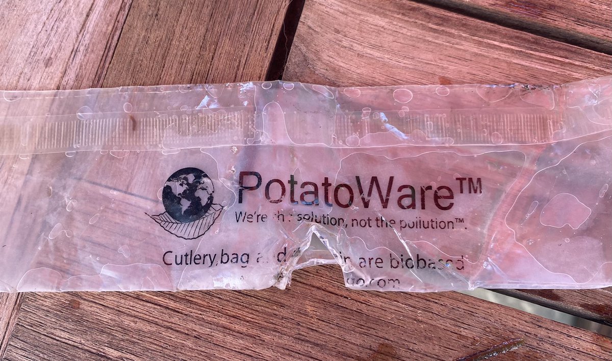 PadleOutPlastic's tweet photo. Our first #potatoware find. Was in salt water today with 25 other pounds of plastic trash. Is this the future? How long will it take to break down? Should we try it in the worm bin or regular home compost or does it need industrial composting? https://t.co/IjvWtqY7h2