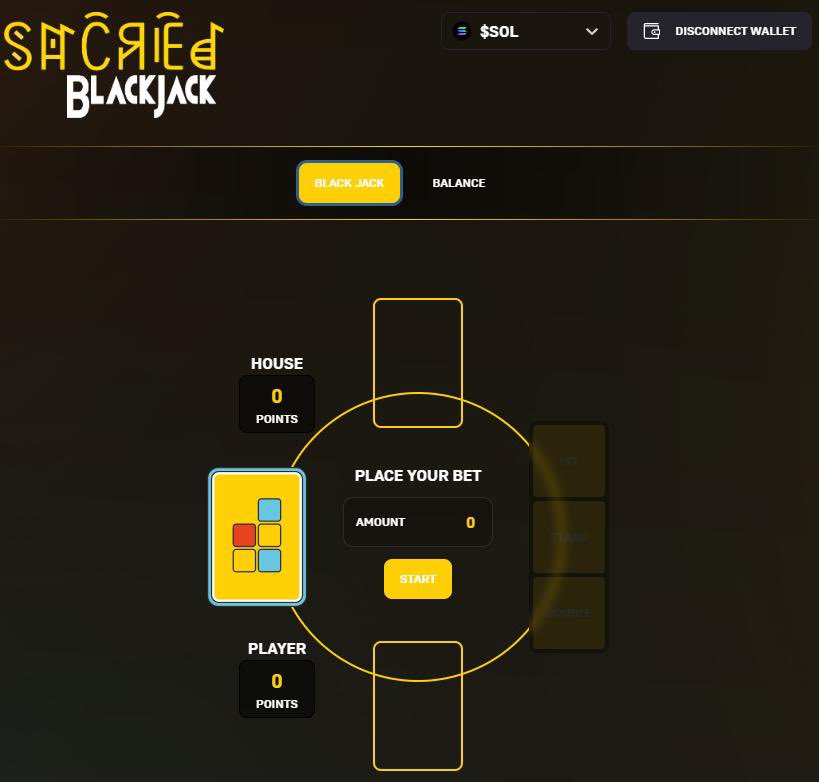 V1V1DViSiONS's tweet photo. The latest and greatest arcade game @SacredLabs has acquired is Blackjack bb ! 🤝

Just one of the many games Sacred has to offer . 

@thewilltosell has won about 3 SOL from the daily raffles btw 🤘

I saw some alpha in the announcements as well .. something about a 💣 game .. 👀 https://t.co/U1IrrFNPks