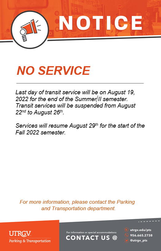 UTRGV_PTS's tweet photo. Hi Vaqueros! Transit services will be suspended next week from Aug. 22nd to Aug. 26th.  We will be back on the road with you for the start of the Fall 2022 semester on August 29th! The Fall schedule will be posted next week. We'll post it on here and our website. https://t.co/TygSOfWs7l