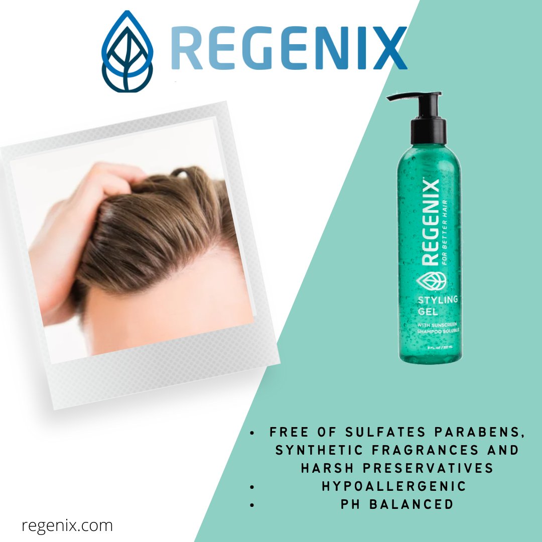 Regenix's tweet photo. Need a styling gel that gives shine, power, and control? Our Styling Gel gives you that strength you need while being specifically formulated to shampoo cleanly and prevent residue from building up on your hair and scalp. Link to the product here: https://t.co/jiHU3rznsV https://t.co/88eo45rHN4