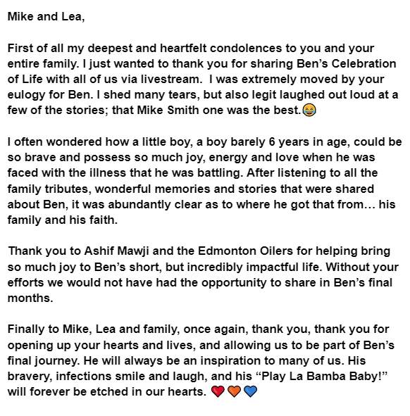 GlenMah's tweet photo. To @m_dan25 @ashifmawji @EdmontonOilers I just wanted to share a few thoughts on this day of Celebration of Life for Ben. 🙏🏽❤️🧡💙 https://t.co/AOqElUlz4D