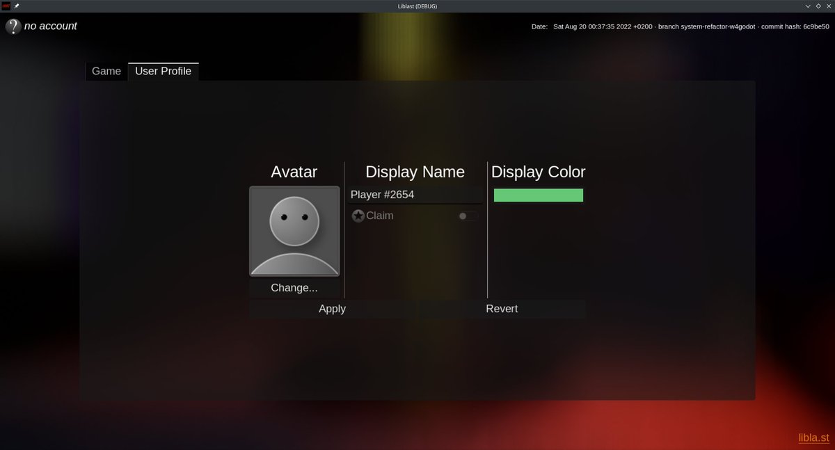 unfa's tweet image. Working on main menu for #Liblast.
I am still waiting for Godot to fix a bug that blocks me - I had to branch out from a last working commit and I am doing some progress elsewhere.

Here's a simple user profile menu, with a default avatar I… mastodon.social/@unfa/10885196…