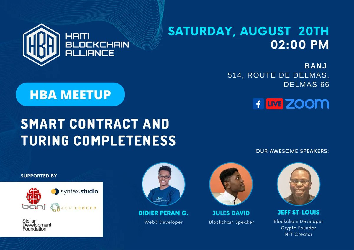BlockchainHaiti's tweet photo. Attend our usual monthly meetup this Saturday, August 20th at 2pm. We will be live at Banj, on Zoom, and on  Facebook to talk about Smart Contracts and Turing Completeness. Come learn and network for free. Pizza included 🍕😁 Online Registration:  https://t.co/QtZo0XFfdd https://t.co/C2K0eW2pZS