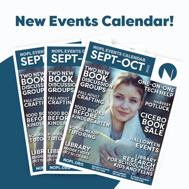 noplibrary's tweet photo. The September/October Calendar is out! Pick up a fresh copy from any of our branches our view it digitally online at: https://t.co/Q7hVsPU5ra https://t.co/MdY4n0FfdV