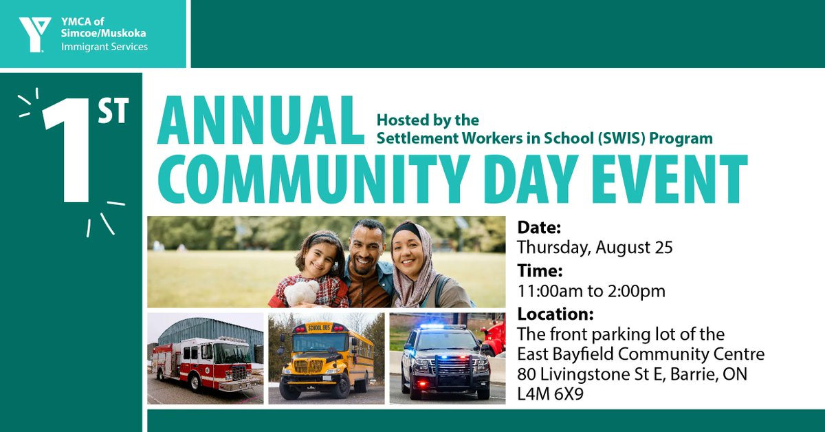 The YMCA's Settlement Worker In Schools program is holding it's first annual Community Day at the <a href="/cityofbarrie/">The City of Barrie</a> East Bayfield Community Centre on Thursday Aug 25 from 11am-2pm. 

Stop by and learn about Safety Services in our area, food, games and all kinds of other fun!