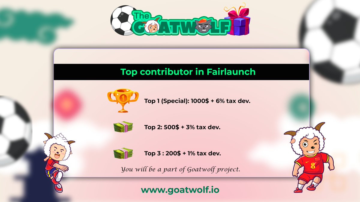 GoatWolfNFT's tweet photo. BIG AIRDROP FOR TOP CONTRIBUTOR IN FAIRLAUNCH

🏆 Top 1 (Special): 1000$ + 6% tax dev. 
🥈 Top 2: 500$ + 3% tax dev
🥉 Top 3 : 200$ + 1% tax dev

You will be a part of Goatwolf project. 🚀🚀🚀

LFG : https://t.co/GdSaW98JNe https://t.co/bpPf62XJ9v