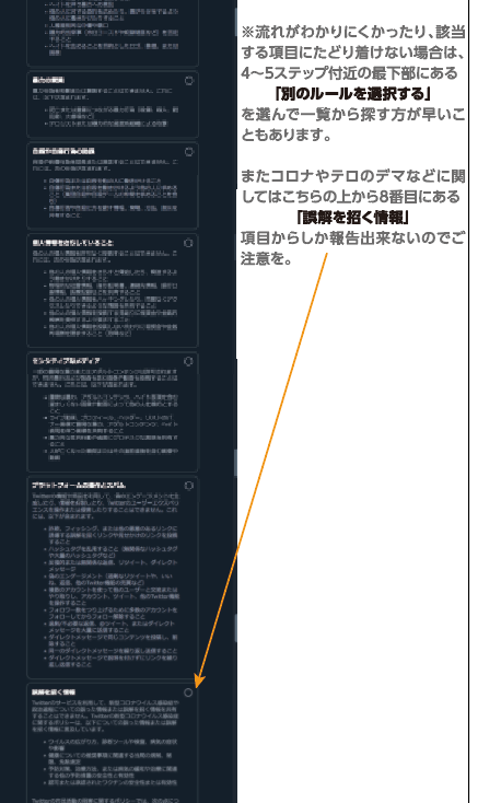 大雑把に太字の項目に当てはまるものを同じ色のラインでたどれると思います。報告画面は「戻る」ができないので、どれに当たるか分かりづらいんですよね……。
あとコロナ手間とかの報告は4ステップ目くらいの画面最下部にある「別のルールを選択する」からしか報告出来ないのも手間。