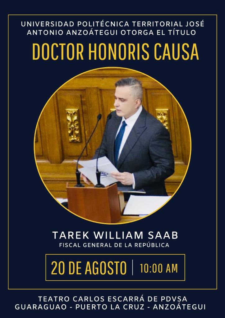 TarekWiliamSaab's tweet photo. #AGRADECIMIENTO… nos honra recibir este sábado a las 11:00am el Doctorado Honoris Causa por parte de la Universidad Politécnica Territorial “José Antonio Anzoátegui”: ello en reconocimiento a nuestra lucha en DEFENSA DE LOS DERECHOS HUMANOS. https://t.co/qNTie6WUPT