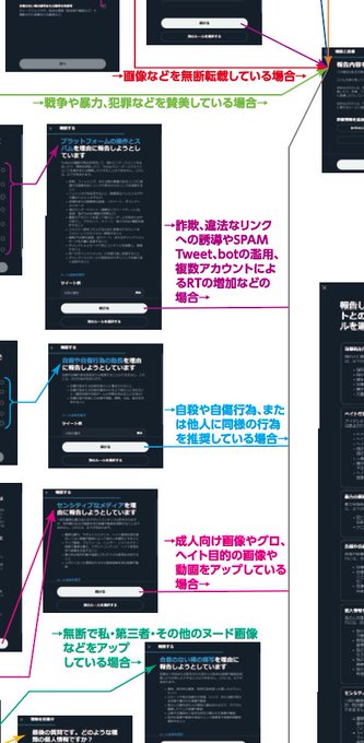 大雑把に太字の項目に当てはまるものを同じ色のラインでたどれると思います。報告画面は「戻る」ができないので、どれに当たるか分かりづらいんですよね……。

あとコロナ手間とかの報告は4ステップ目くらいの画面最下部にある「別のルールを選択する」からしか報告出来ないのも手間。 