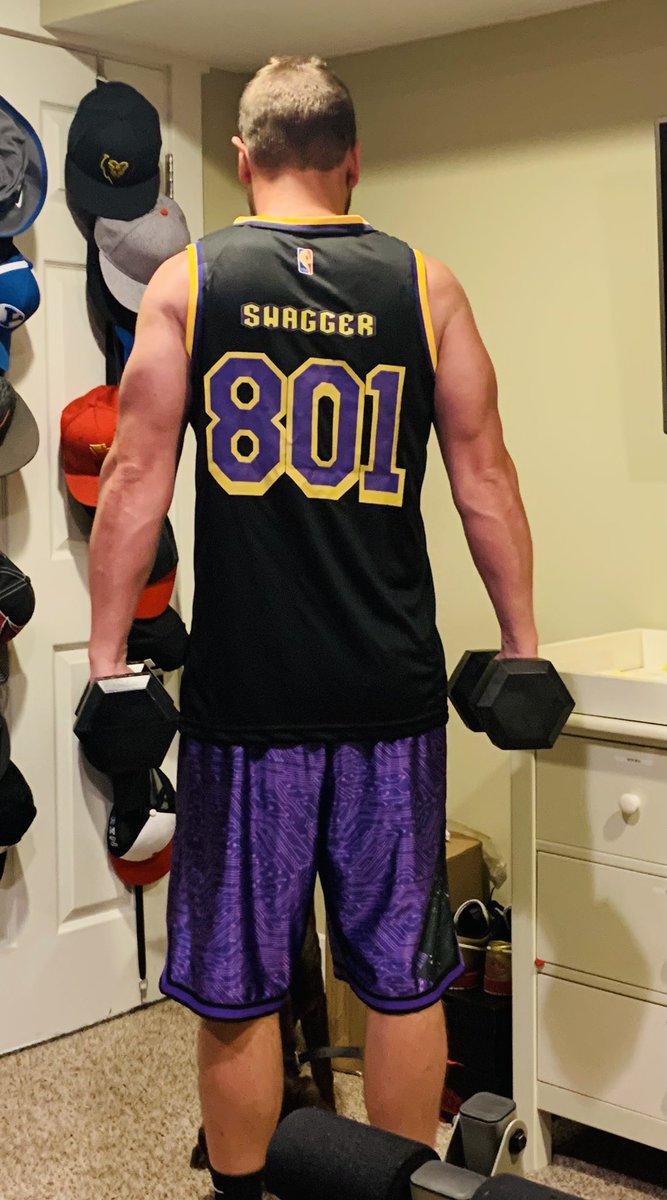 Friday night gym sesh and fashion show! I’m flexing way hard. After my team being dismantled this year, I will never buy an active player’s jersey again, so I’ll do my own.  #Swagger #PurpleIsBack
