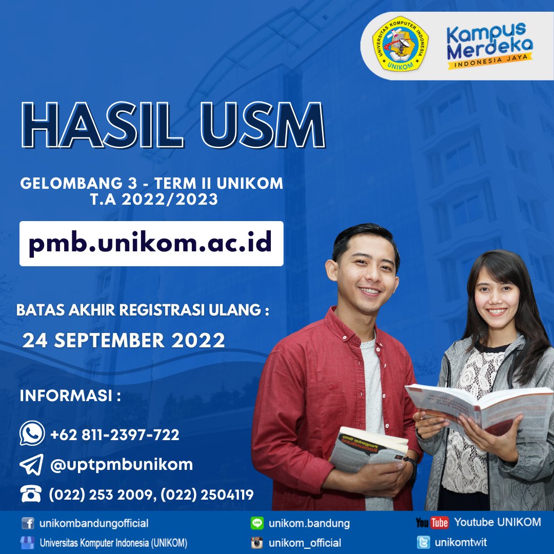 unikomtwit's tweet photo. Selamat Kami ucapkan kepada para Mahasiswa Baru yang telah dinyatakan lulus USMBK PMB UNIKOM Gelombang 3 - Term II Tahun Ajaran 2022/2023
Pengumuman Peserta lulus (Jenjang Pendidikan S1 & D3) dapat dilihat pada laman website https://t.co/3tnpESGejF
#Pmb #pmbunikom #usmbk https://t.co/q3XG1aeCUB