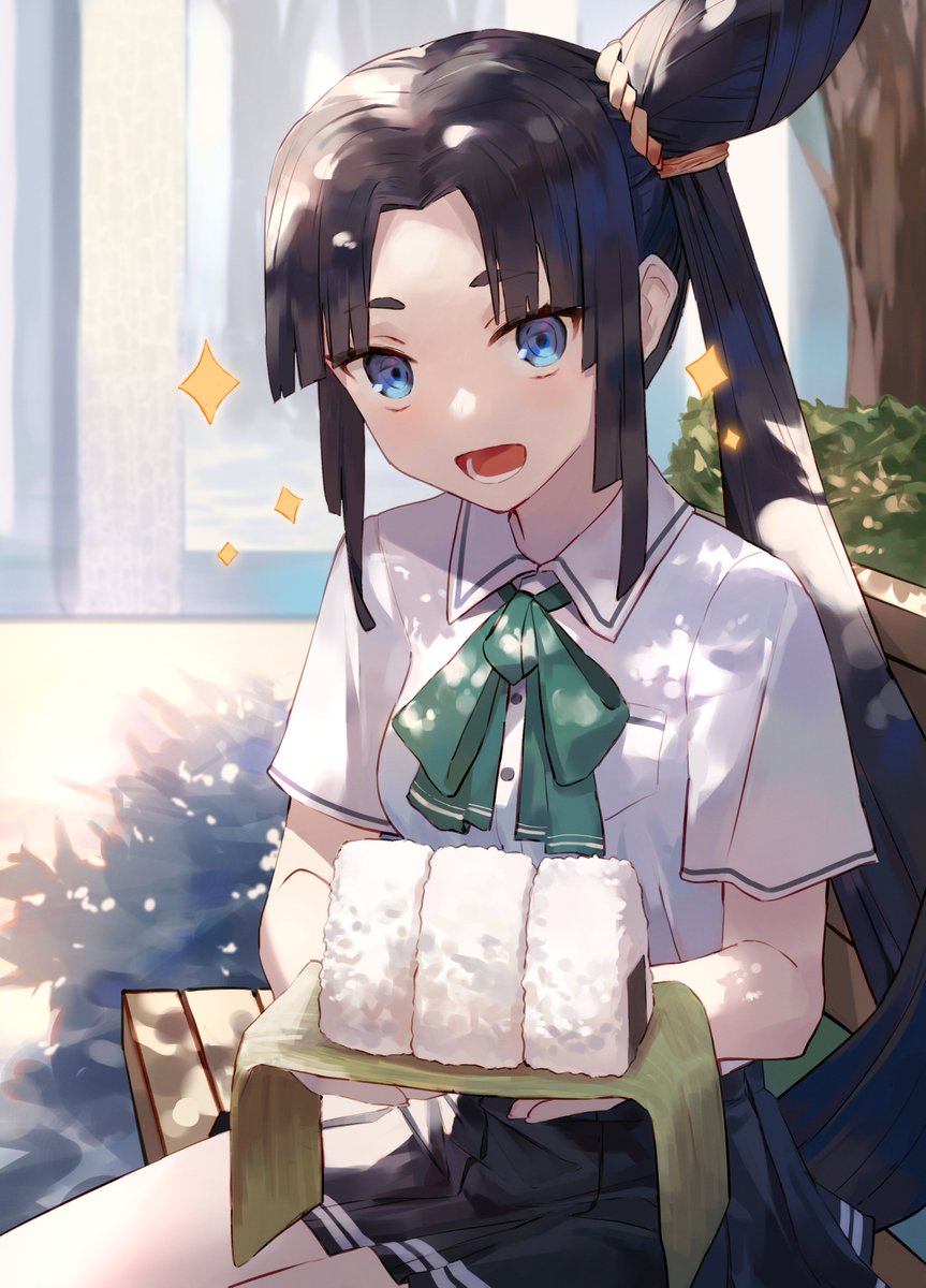 ushiwakamaru (fate) 1girl onigiri food blue eyes black hair side ponytail long hair  illustration images